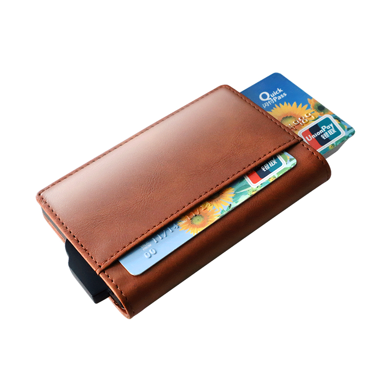 Pop Up PU Leather Metal Wallet RFID Blocking Automatic Aluminium Credit Card Holder Custom